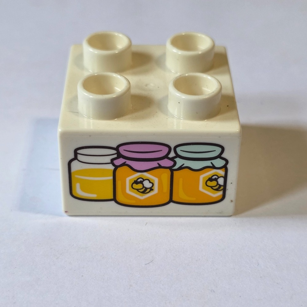 LEGO Duplo Brick 2x2 with 3 Jars of Honey Bee Pattern Specialty Block White